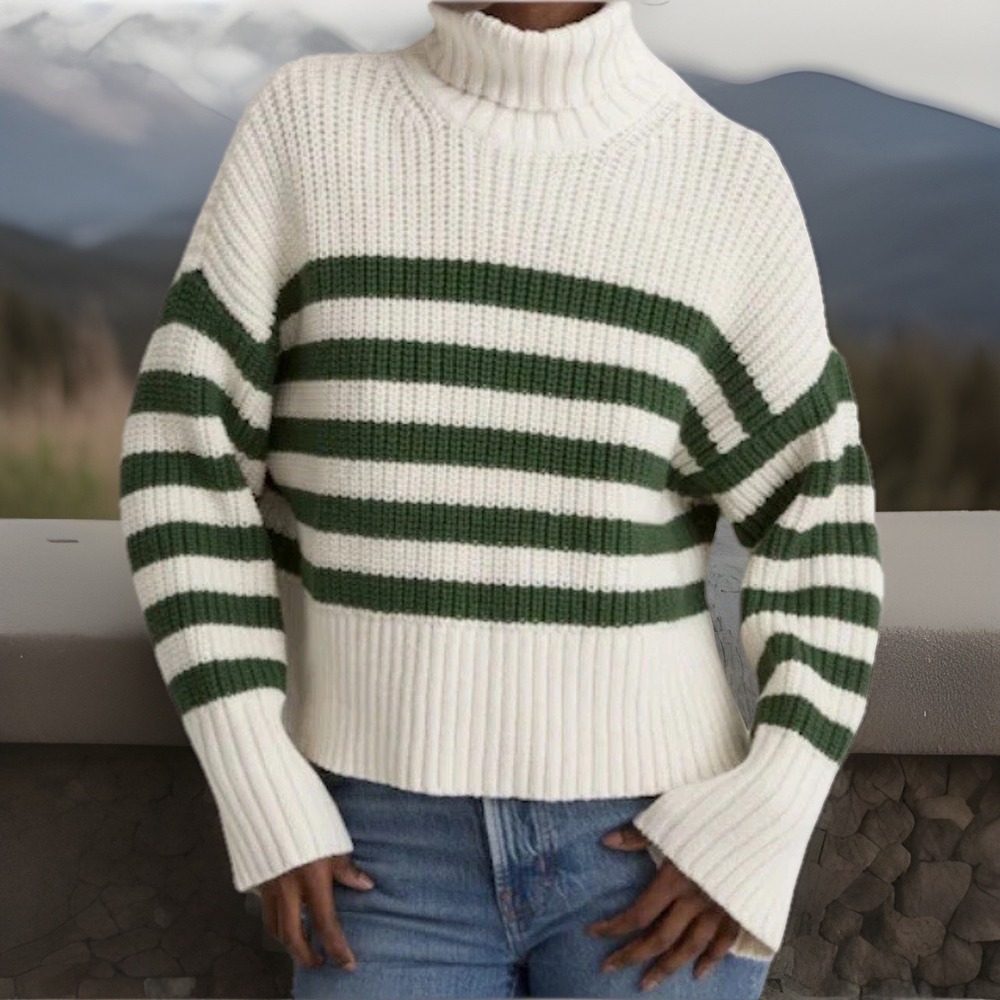 MADEWELL Women's Chunky Knit Oversized Striped Turtleneck Sweater Ivory Green M
